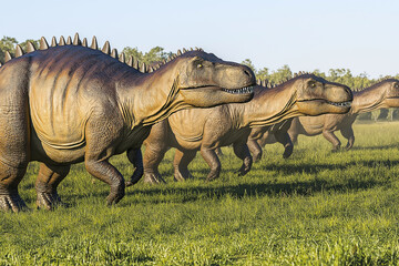 Fototapeta premium Prehistoric Herd: A Line of Majestic Dinosaurs in a Verdant Meadow