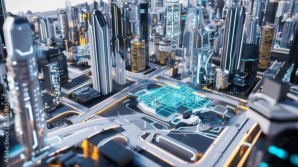 Poster futuristic cityscape with illuminated buildings and a central network grid interface