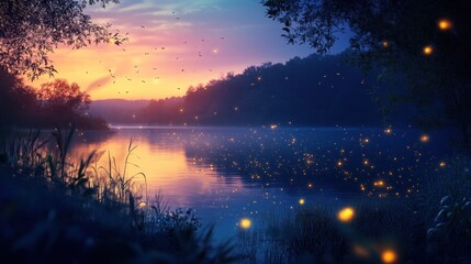 Naklejka premium A serene lakeside scene at sunset with glowing fireflies and soft reflections on water.