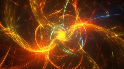 Abstract fractal art with vibrant orange, yellow, and blue swirling energy lines