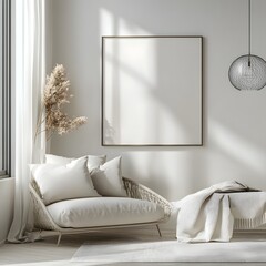 Bright white room modern interior a mockup frame hanging on a smooth wall Contemporary furniture in subtle tones of gray and beige enhances the sleek ambiance 3D render of elegant design