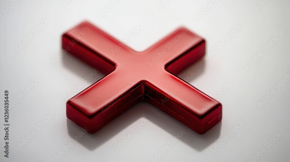 Poster glossy red cross symbol on a smooth surface, reflecting light with a minimalistic background