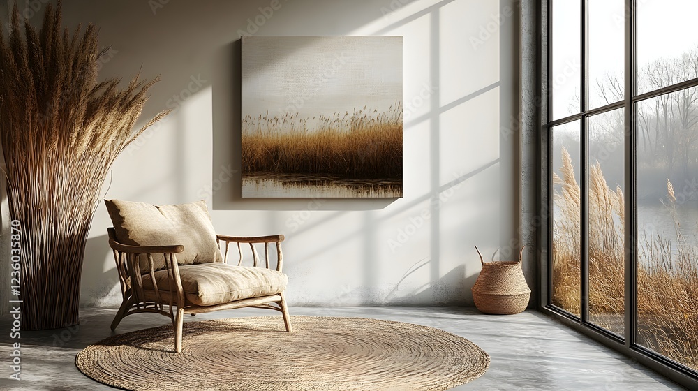 Aufkleber canvas mockup displayed a lightcolored minimalist interior featuring a cozy armchair and rustic deco
