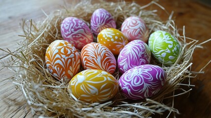 Fototapeta premium Nest of Easter eggs in bright colors with painted pattern. background of Easter decorations. soft light illustration.
