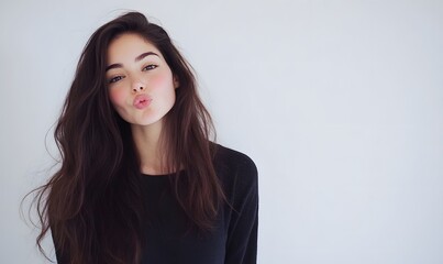 Fototapeta premium beautiful brunette blowing kiss to camera, Generative AI