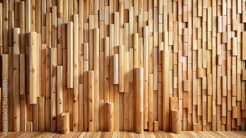 Poster A Contemporary Wooden Wall Design Featuring a Random Arrangement of Cylindrical and Rectangular Shapes Creating a Visually Engaging and Textured Surface