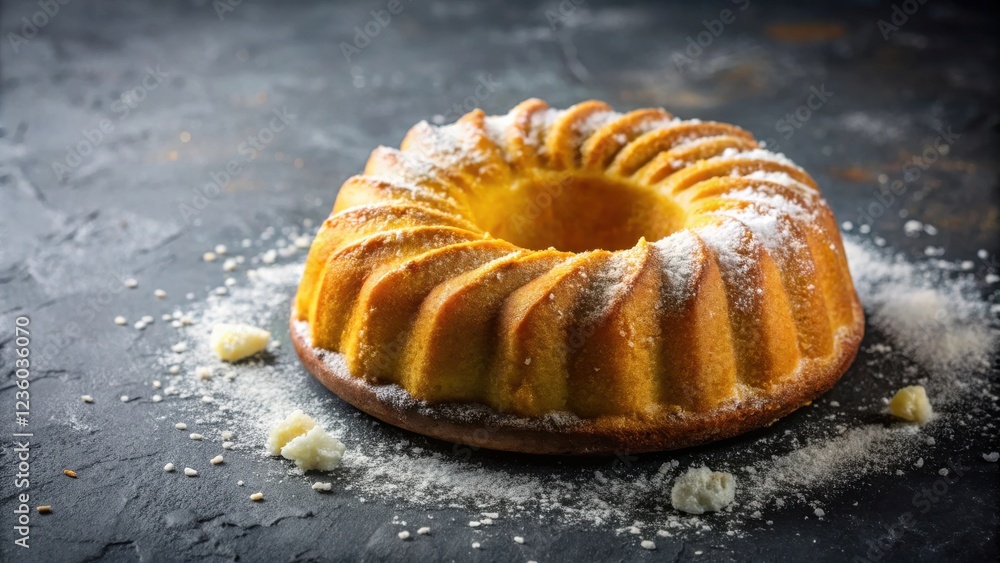 Poster a golden-brown bundt cake dusted with powdered sugar rests on a dark slate surface, surrounded by a 