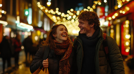 Fototapeta premium Joyful couple enjoying a festive evening stroll with holiday decorations in a vibrant city street