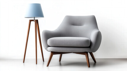 Obraz premium Grey sofa chair, wooden frame desk lamp