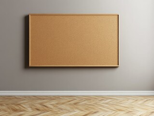 A Cork Board with a wooden frame mounted on a grey wall in a room with wooden flooring