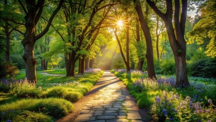 Sunlight Dappled Through The Trees Illuminates A Stone Path Winding Through A Lush Green Forest With Wildflowers Blooming In Abundance