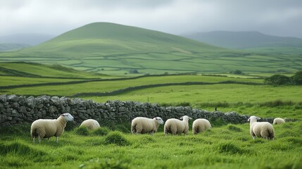 Fototapeta premium Tranquil Irish Countryside with Rolling Hills and Grazing Sheep Under a Cloudy Sky in a Serene Landscape Setting