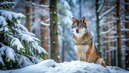 Obraz premium Eurasian wolf sitting on snowy forest floor surrounded by tall trees and snow-covered rocks, Snowy Forest