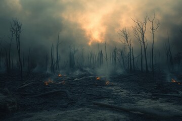 Smoldering Forest with Burnt Trees at Sunrise, selective focus