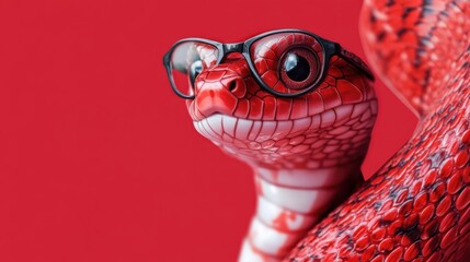 A vibrant red snake adorned with stylish glasses brings a playful touch to visual storytelling, embodying a fun and quirky personality amidst a striking backdrop.