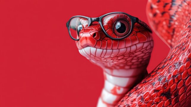 A vibrant red snake adorned with stylish glasses brings a playful touch to visual storytelling, embodying a fun and quirky personality amidst a striking backdrop.