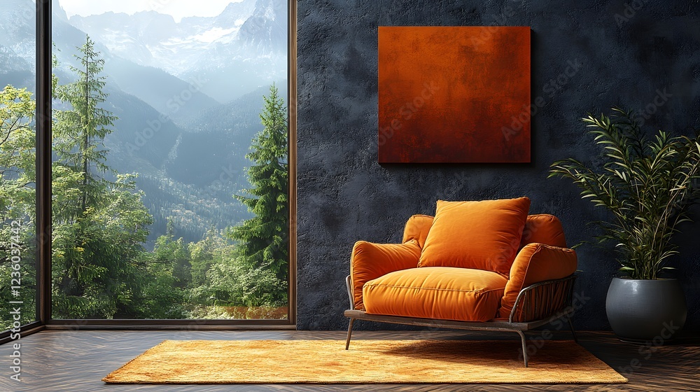 Poster canvas mockup a minimalist setting featuring a comfortable armchair and rustic decor captured from a