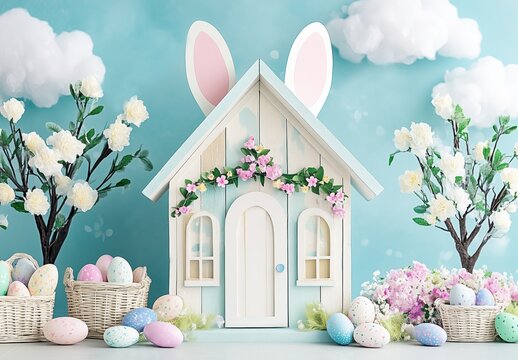 Spring Easter scene with cute bunny house, Easter eggs in wicker baskets, floral decor and flowering trees