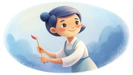 Charming watercolor illustration of a young child painting on a canvas,  AI generated