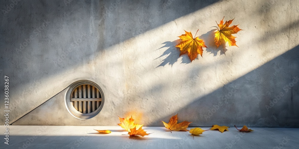 Poster autumn leaves scattered on a concrete surface, with a round vent and shadows casting a warm glow