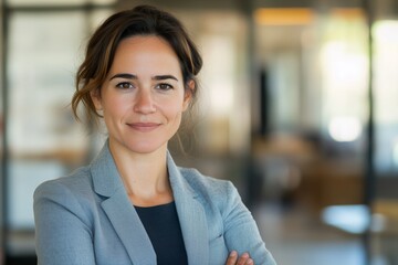 Fototapeta premium Corporate executive gazing confidently at camera within office setting