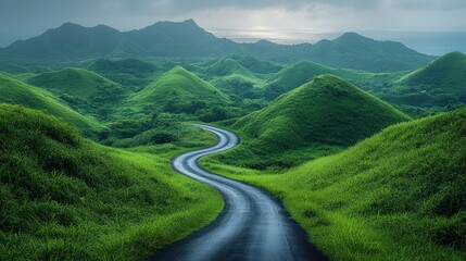 Fototapeta premium Serene Winding Road Through Lush Green Landscape with Rolling Hills and Mountains Under Dramatic Cloudy Sky