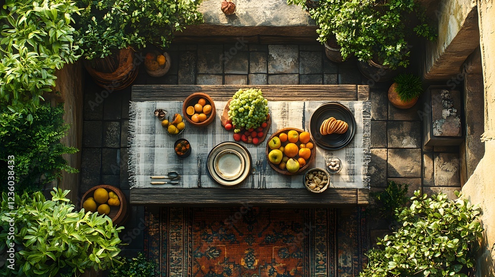 Poster captivating composition of terrace scene viewed from above featuring a big table with tableware a pl