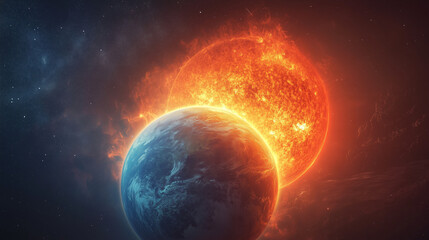 Digital art dramatic solar eclipse over Earth with cosmic space backdrop