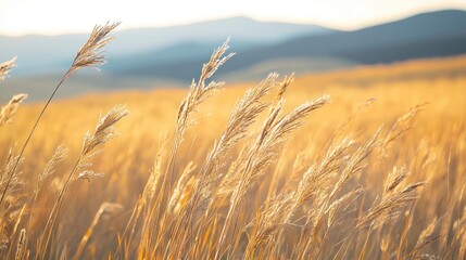 A close-up of tall grass swaying in the wind with mountains in the background