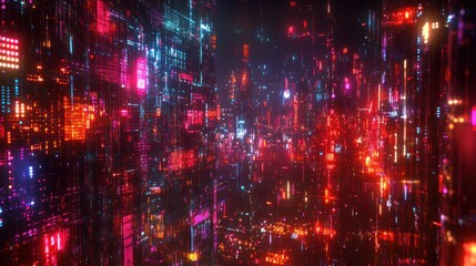 Obraz premium Cyberpunk city night aerial view, glowing structures, digital rain, futuristic backdrop, game design