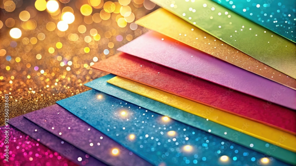 Poster A colorful arrangement of textured paper sheets resting upon a shimmering backdrop of golden bokeh lights.