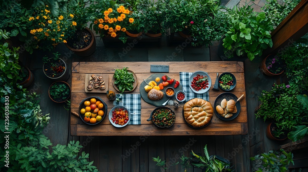 Poster captivating composition of terrace scene viewed from above featuring a big table with tableware a pl