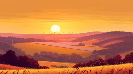 Fototapeta premium Serene Sunset Landscape with Wind Turbines and Golden Fields