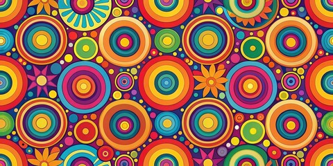 A vibrant and colorful abstract pattern featuring concentric circles in various shades of red, orange, yellow, green, blue, purple and pink, with a touch of white and black dots and starburst shapes.