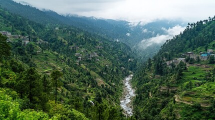 Fototapeta premium Mountain valley village river mist landscape travel tourism