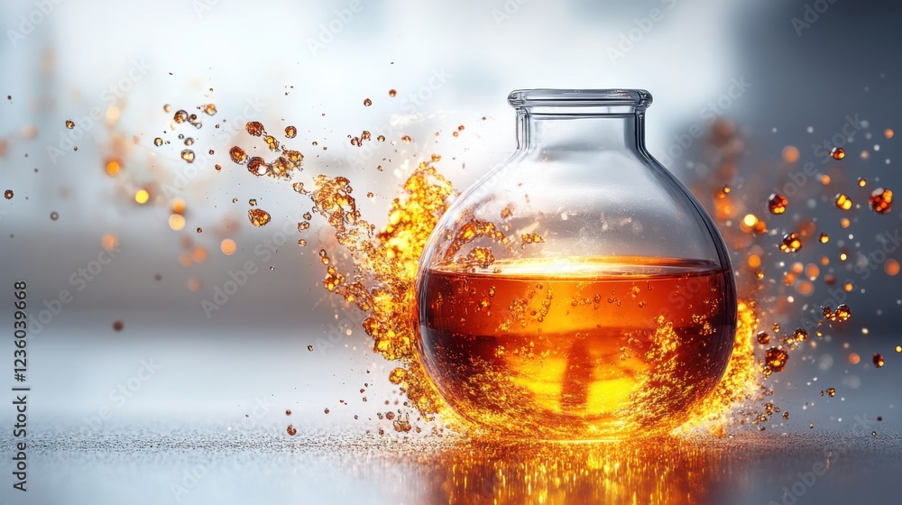 Poster glass flask with orange liquid splashing, creating dynamic motion against a blurred background