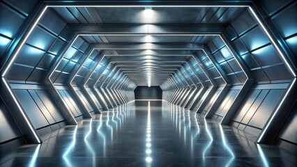 Obraz premium Futuristic corridor with hexagonal shaped walls and bright blue lights reflecting on the polished floor