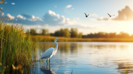 Fototapeta premium Great egret wading in calm lake at sunset, birds flying, tranquil nature scene, ideal for peaceful or wildlife publications