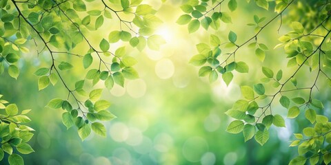 Sunlight filtering through vibrant green leaves, creating a natural bokeh effect, a tranquil scene of springtime freshness