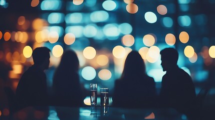 Night club silhouettes, chatting friends, blurred lights, vibrant city