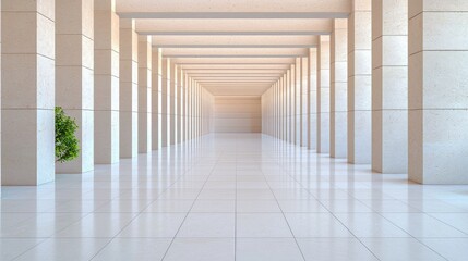 Long colonnaded hallway, plant, bright light.  Architecture design background