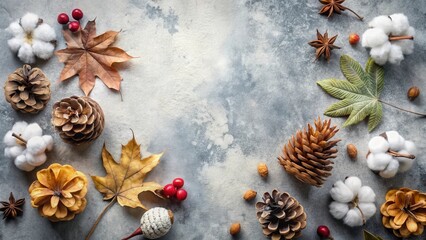 Autumnal Still Life with Pine Cones, Cotton, and Leaves on a Grey Background