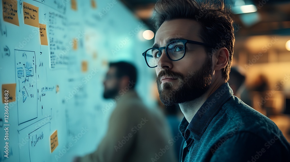 Aufkleber business man brainstorming on whiteboard at night. possible use stock photo for business, teamwork, 