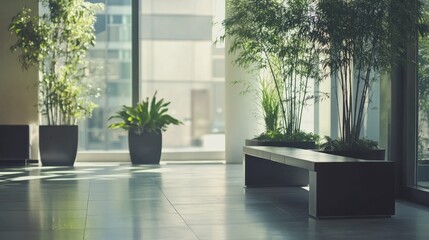 Modern Interior space featuring plant and sunlight with a minimal bench in middle of the room