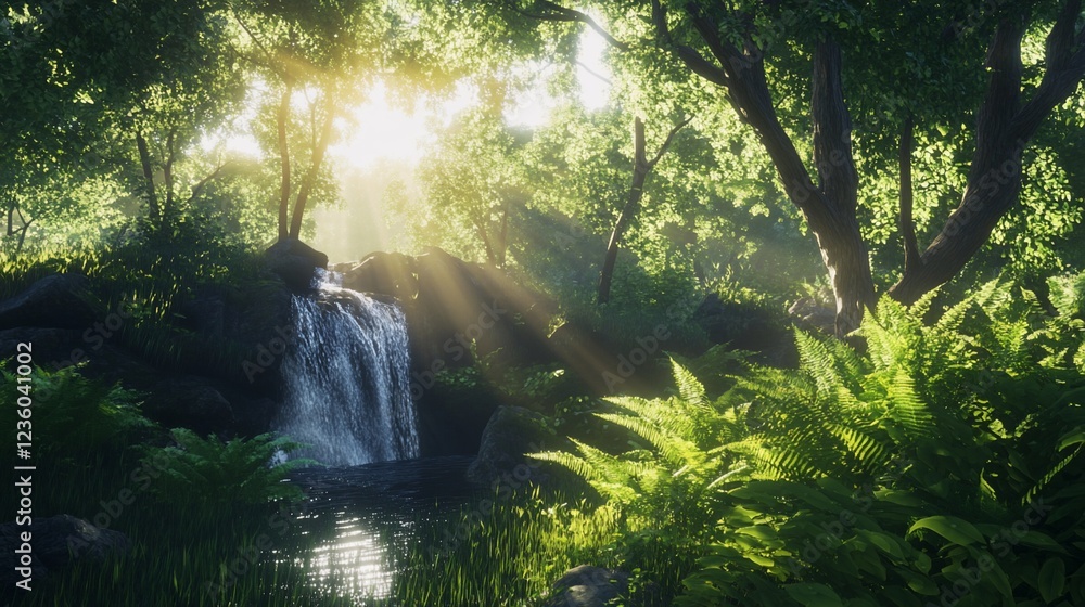Poster sunlight filters through a serene forest with a small waterfall creating a magical scenery
