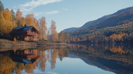 Fototapeta premium A serene lakeside view featuring a wooden cabin surrounded by autumn foliage and mountains.