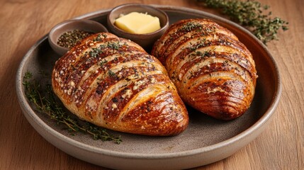 Two baked croissants, butter, herbs, wooden table, restaurant menu