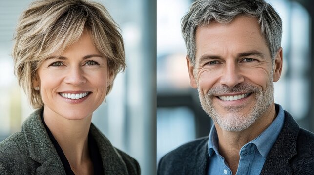 Smiling business professionals, office portrait, headshot, modern building background, website use