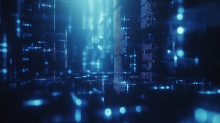 Futuristic city digital data stream glowing dark background