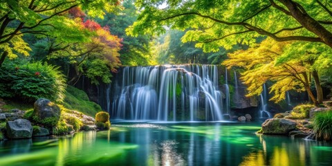 Obraz premium A Serene Waterfall Cascades Through Lush Greenery, Creating a Tranquil Oasis in the Heart of Nature